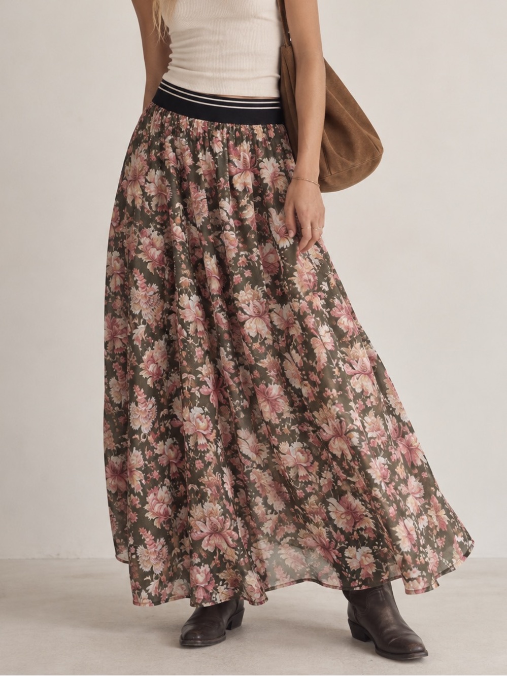 Notes du Nord Floral Maxi Skirt Pull On Elastic Waist Mixed Indie Sleaze Grunge